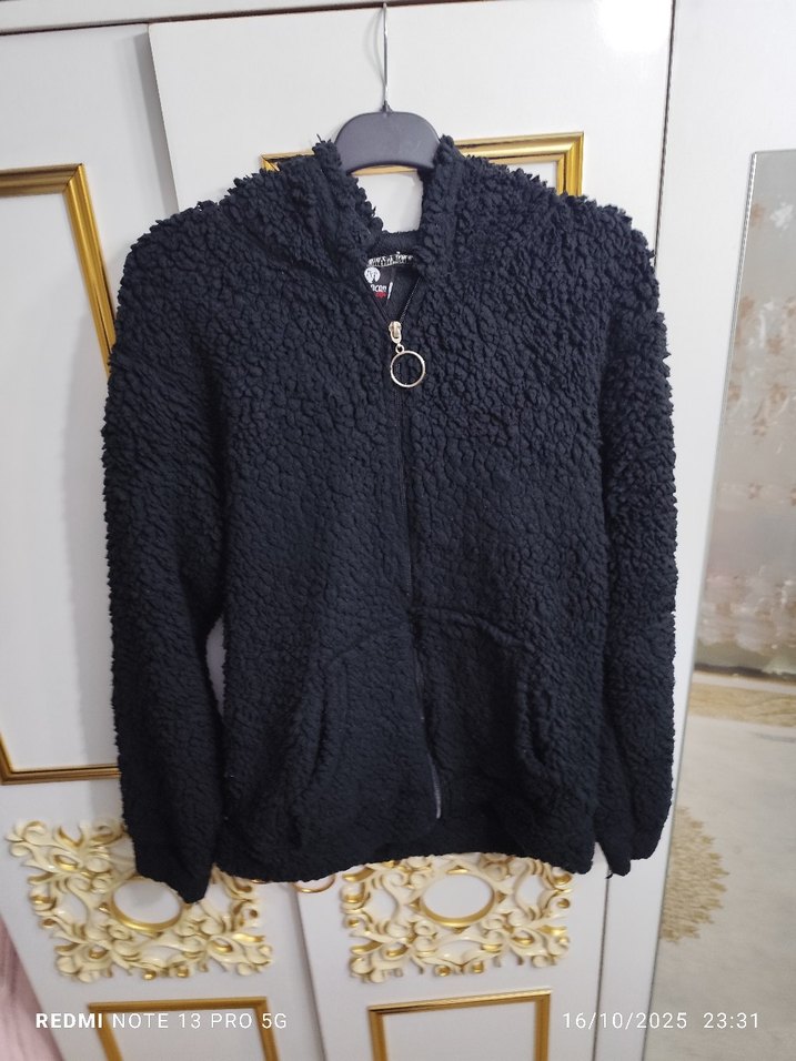 Siyah Peluş Kadın Kapüşonlu Ceket - Görsel 3