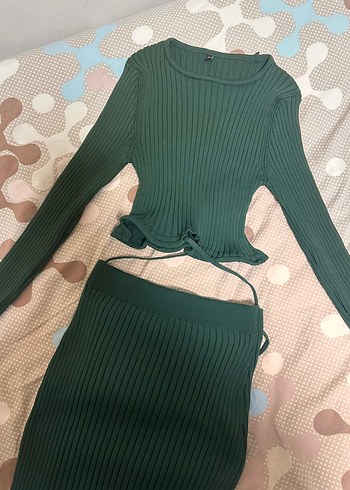 Uzun Turkuaz Triko Kadın etek bluz takım - Görsel 4