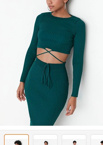 Uzun Turkuaz Triko Kadın etek bluz takım - Görsel 2