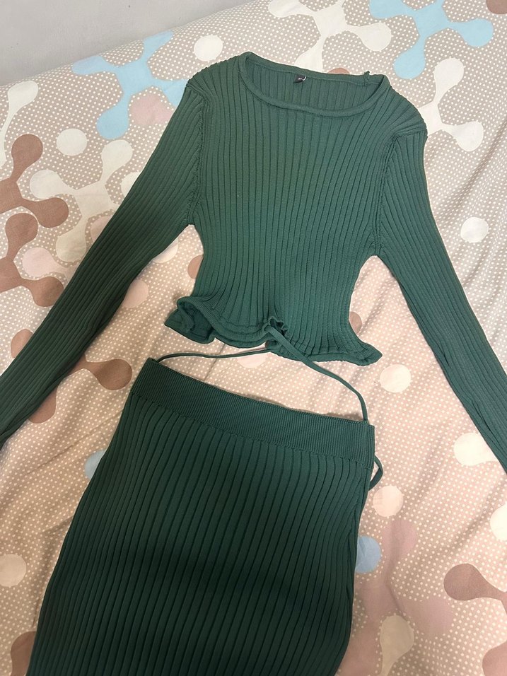 Uzun Turkuaz Triko Kadın etek bluz takım - Görsel 4