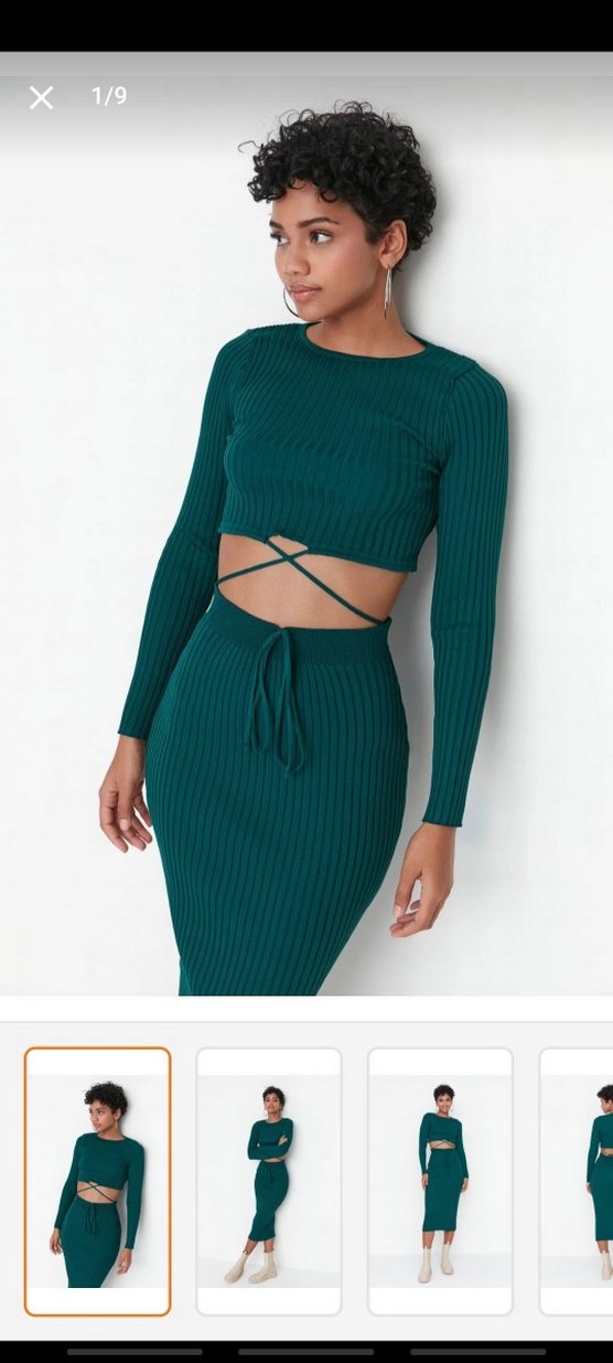 Uzun Turkuaz Triko Kadın etek bluz takım - Görsel 2