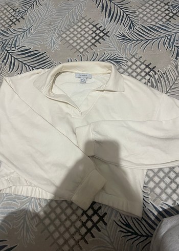 Beyaz Pamuklu Polo Yaka Kadın Sweatshirt - Görsel 3