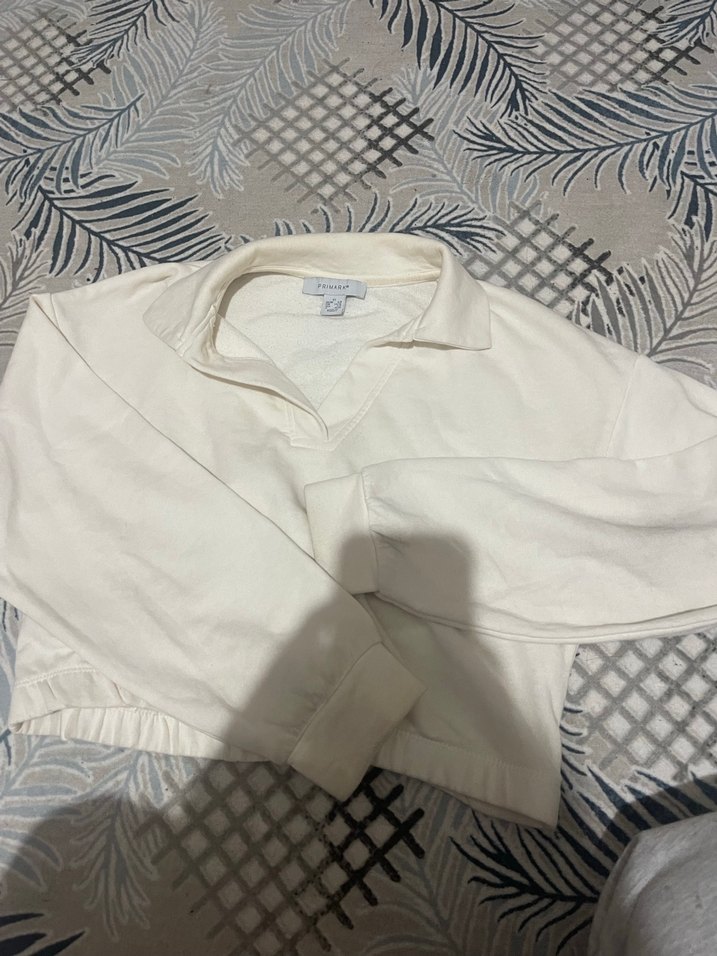 Beyaz Pamuklu Polo Yaka Kadın Sweatshirt - Görsel 3