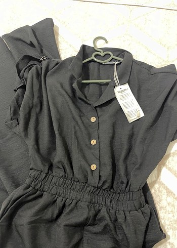 Siyah Keten V Yaka Düğmeli Uzun Tulum - Görsel 3