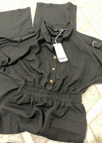 Siyah Keten V Yaka Düğmeli Uzun Tulum - Görsel 2