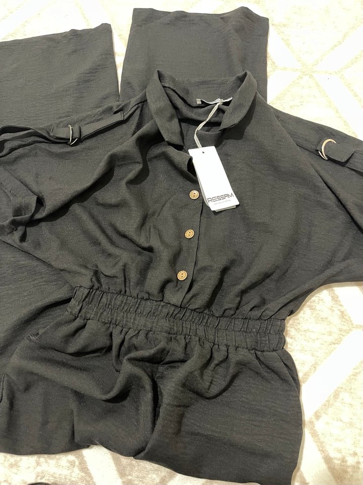 Siyah Keten V Yaka Düğmeli Uzun Tulum - Görsel 2