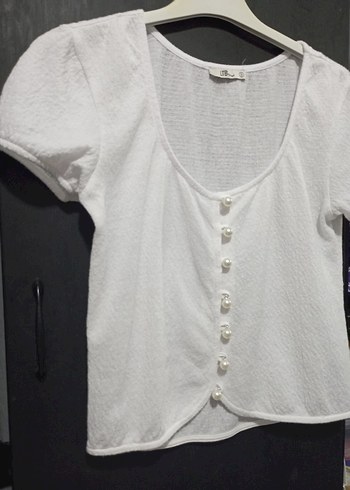 Düğmeli Beyaz Keten Mini Bluz - Görsel 2