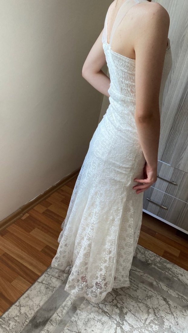 Beyaz Straplez Uzun Elbise - Görsel 2