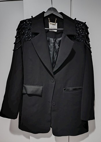 Düğmeli Siyah Mini Deri Blazer