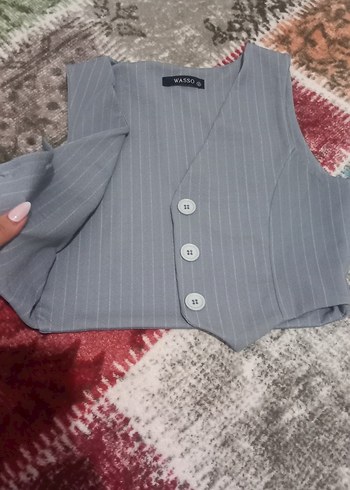 Düğmeli Gri Kadın kolsuz blazer - Görsel 4