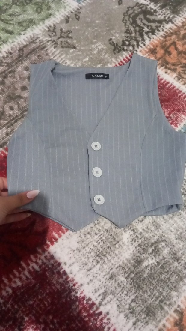 Düğmeli Gri Kadın kolsuz blazer - Görsel 2