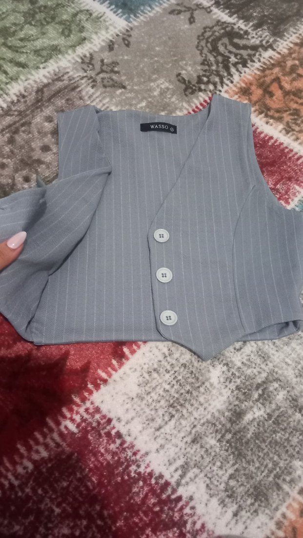 Düğmeli Gri Kadın kolsuz blazer - Görsel 4