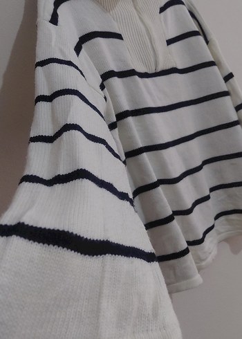 Çizgili Beyaz Gri Triko Kadın Kazak - Görsel 2