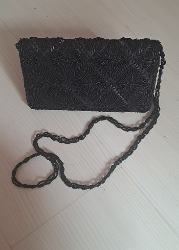 Nakışlı Boncuklu Siyah Örgü Çanta