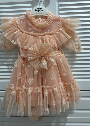 Kız Çocuk Bej Nakışlı Fırfırlı Elbise - Görsel 2