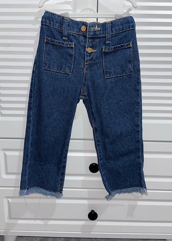 Kız Çocuk Düğmeli Koyu Mavi Denim Pantolon - Görsel 2