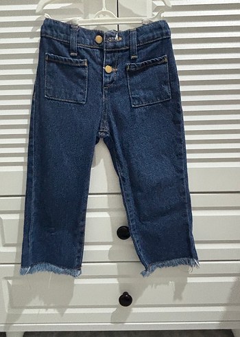 Kız Çocuk Düğmeli Koyu Mavi Denim Pantolon - Görsel 4