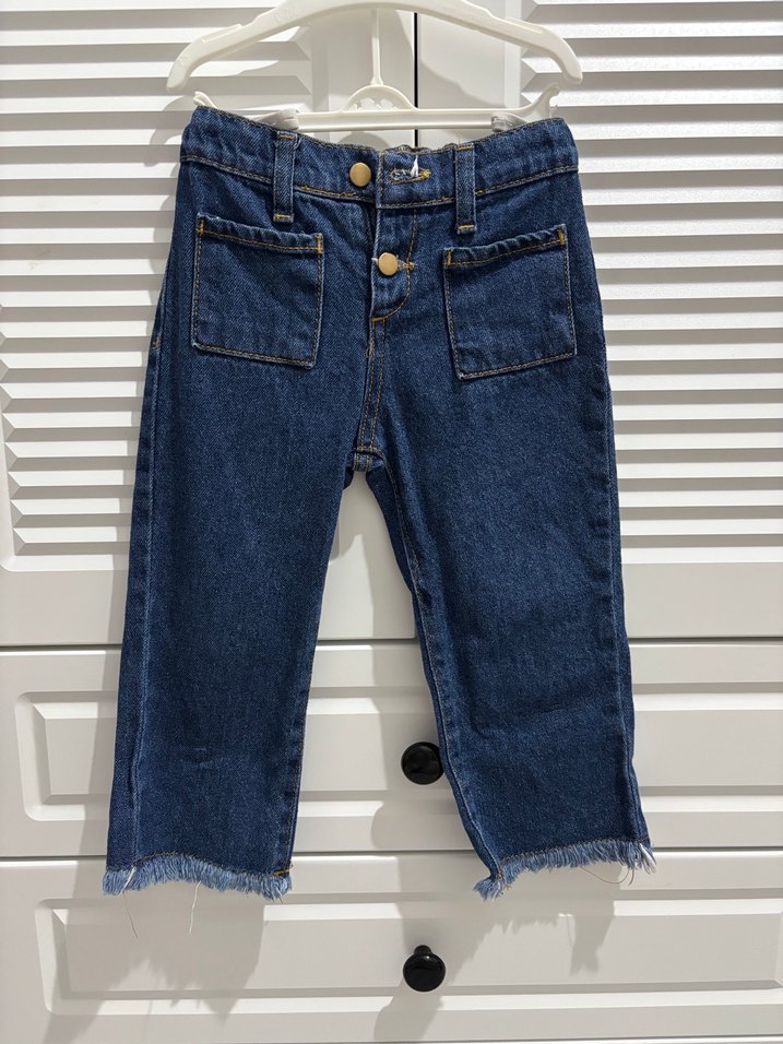 Kız Çocuk Düğmeli Koyu Mavi Denim Pantolon - Görsel 3