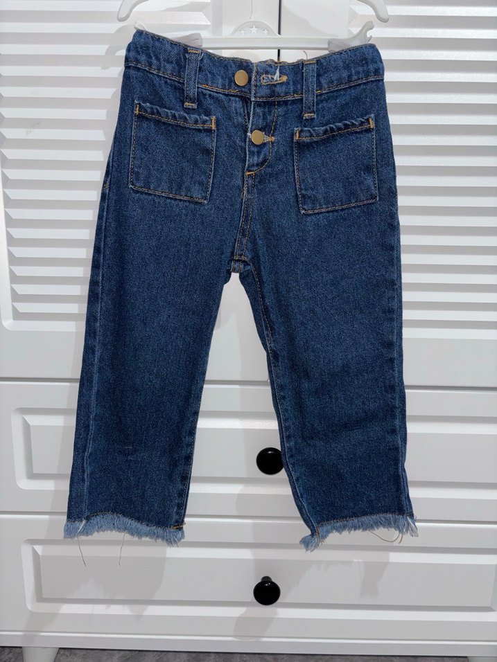 Kız Çocuk Düğmeli Koyu Mavi Denim Pantolon - Görsel 2