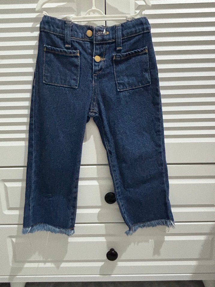 Kız Çocuk Düğmeli Koyu Mavi Denim Pantolon - Görsel 4