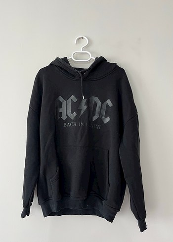 Siyah Kapüşonlu AC/DC Baskılı Sweatshirt