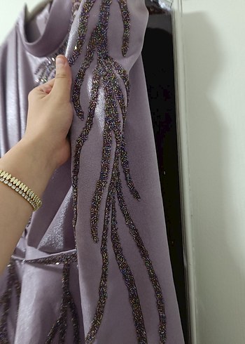 Mor İşlemeli Uzun Kollu Abiye Elbise - Görsel 3