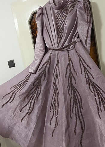 Mor İşlemeli Uzun Kollu Abiye Elbise - Görsel 5