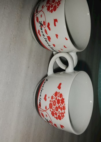 Beyaz Çiçek ve Kalp Desenli 2'li Seramik Fincan