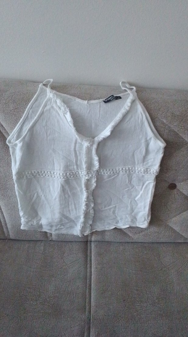 Düğmeli V Yaka Keten Mini Beyaz Atlet - Görsel 5