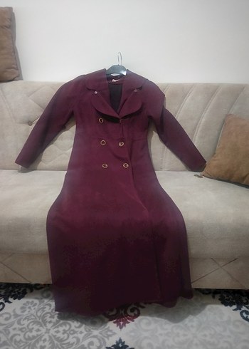 Bordo Düğmeli Uzun Kadın Kaban - Görsel 3