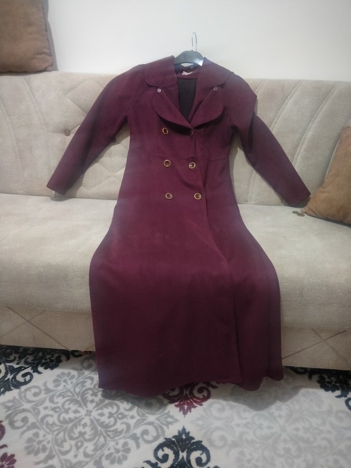 Bordo Düğmeli Uzun Kadın Kaban - Görsel 2