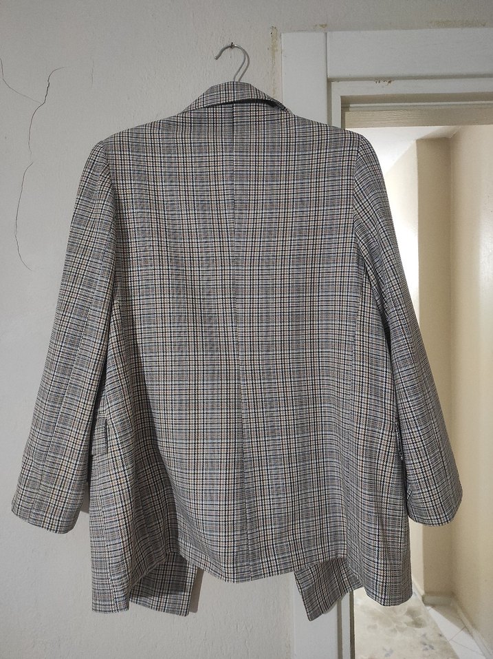 Kadın Ekose Desenli Bej Midi Blazer - Görsel 2