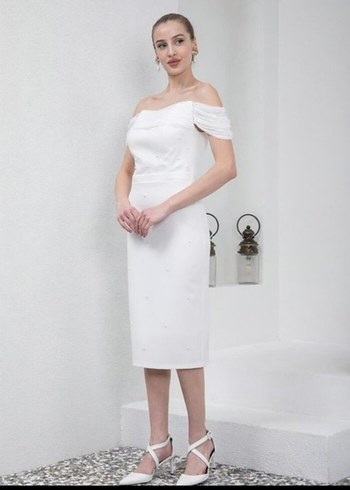 Midi Beyaz Bohem Düğün Nişan Elbisesi - Görsel 4