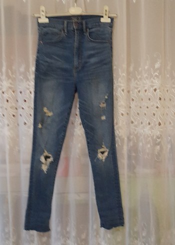 xs Beden Kadın Mavi Denim Yırtık Dar Kesim Jean