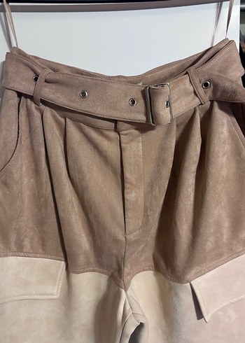 Bej Geniş Kesim Süet Kemerli Kadın Pantolon - Görsel 3