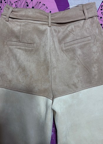 Bej Geniş Kesim Süet Kemerli Kadın Pantolon - Görsel 4