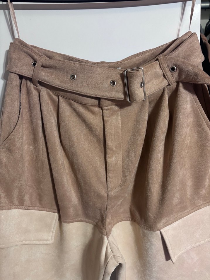 Bej Geniş Kesim Süet Kemerli Kadın Pantolon - Görsel 3