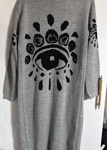 Gri Nakışlı Uzun Triko Kadın Hırka - Görsel 4