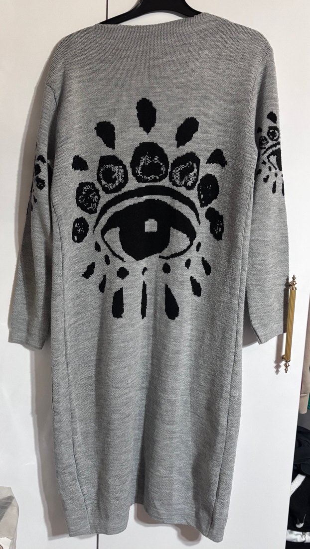 Gri Nakışlı Uzun Triko Kadın Hırka - Görsel 4