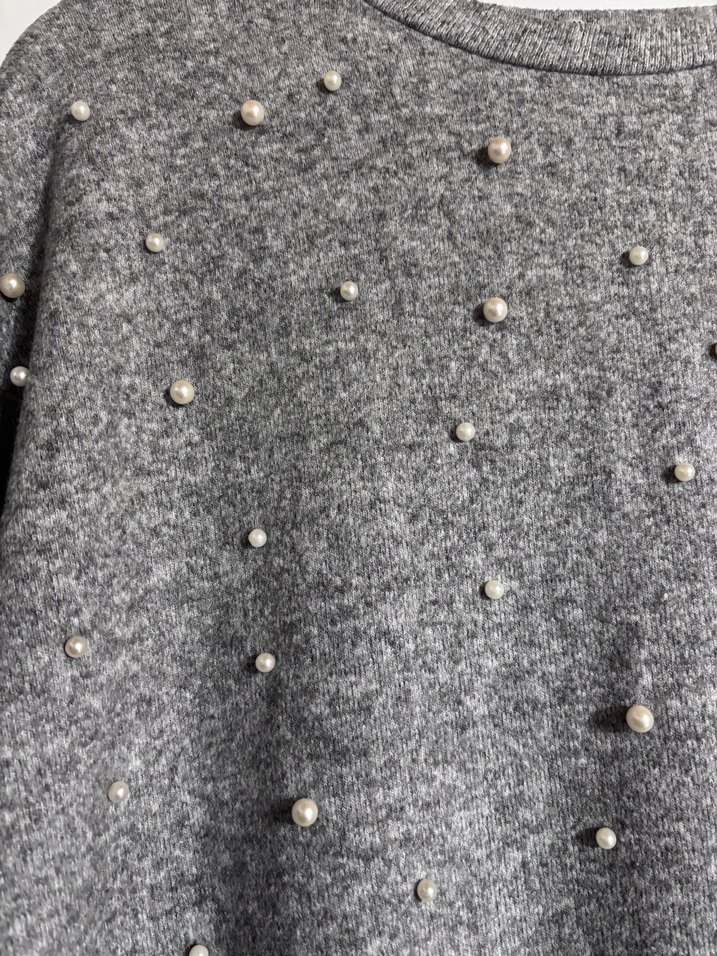 Yarım kollu Gri Triko İnci İşlemeli bluz - Görsel 2