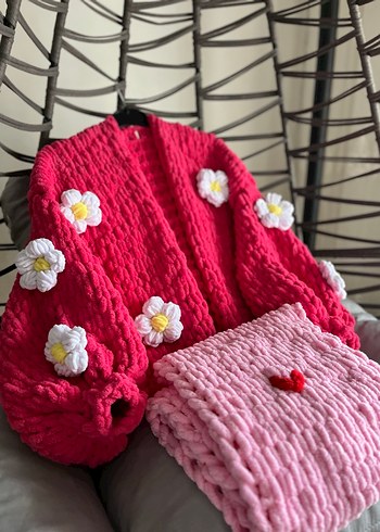 Nakışlı Pembe Örgü Kadın Hırka ve atkı - Görsel 2