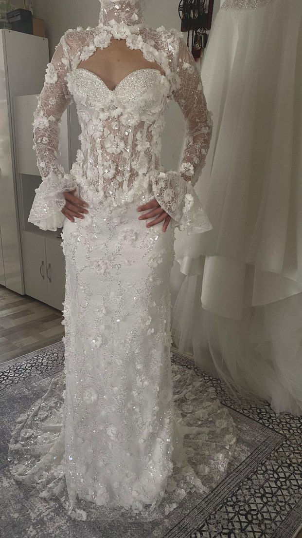 Uzun Kollu Straplez Denizkızı Gelinlik - Görsel 3