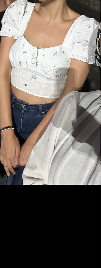 xs Beden Mavi balon kol crop bluz
