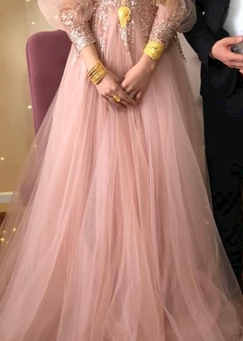 İşlemeli V Yaka Uzun Kollu Bej Nişan Elbisesi - Görsel 5