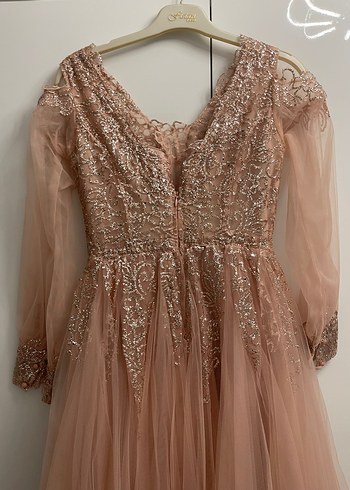 İşlemeli V Yaka Uzun Kollu Bej Nişan Elbisesi - Görsel 3