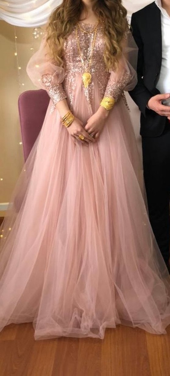 İşlemeli V Yaka Uzun Kollu Bej Nişan Elbisesi - Görsel 5