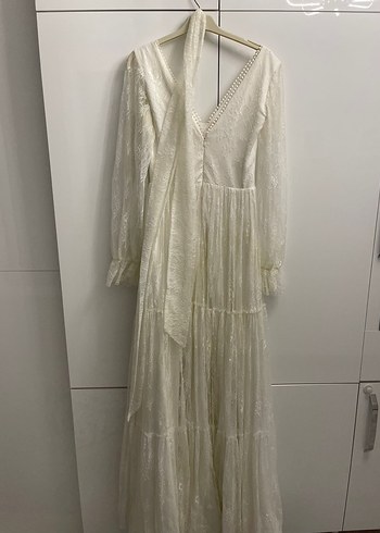 Dantel Detaylı V Yaka Beyaz Uzun Bohem Elbise - Görsel 3