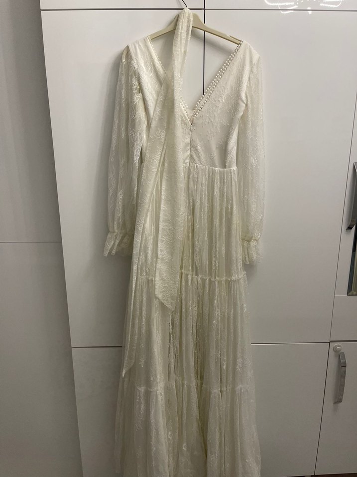 Dantel Detaylı V Yaka Beyaz Uzun Bohem Elbise - Görsel 3