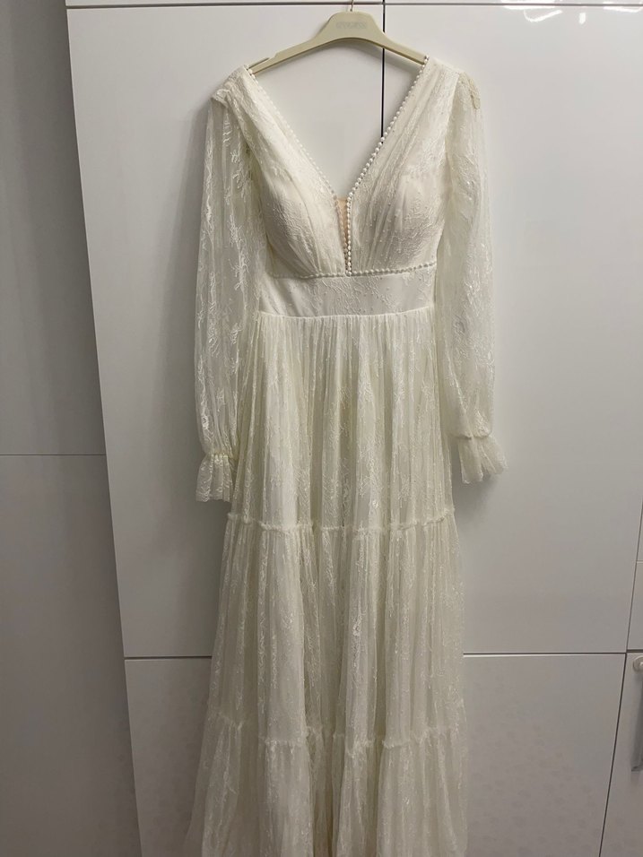 Dantel Detaylı V Yaka Beyaz Uzun Bohem Elbise - Görsel 2