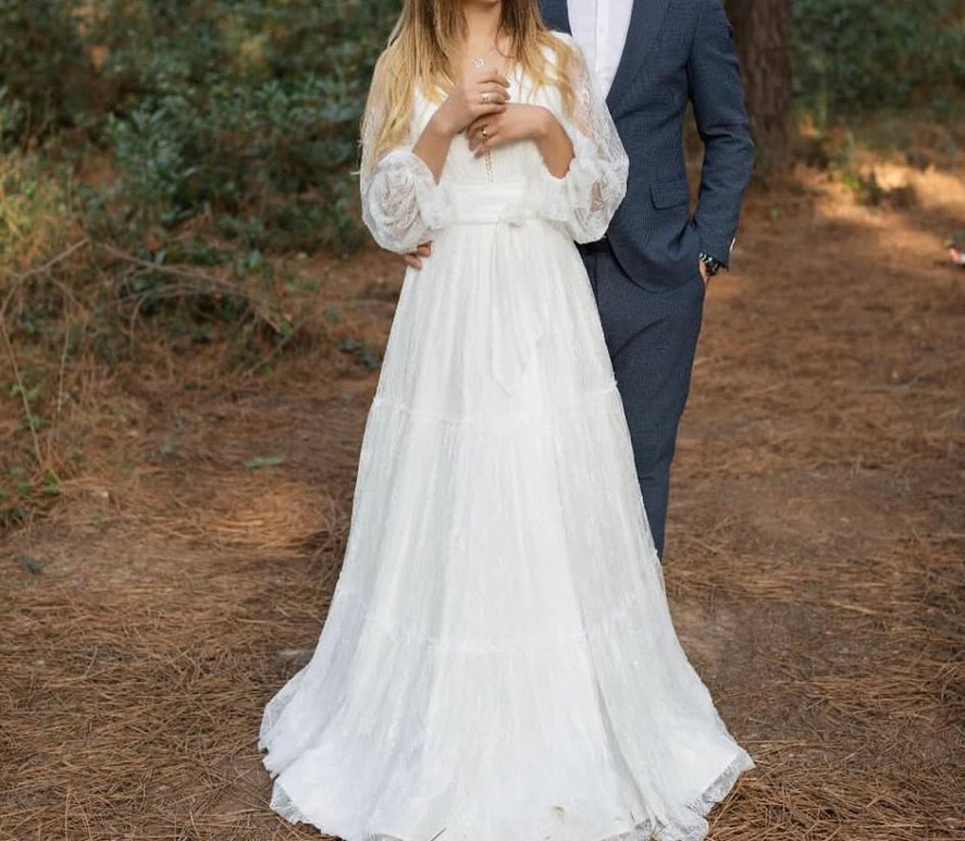 Dantel Detaylı V Yaka Beyaz Uzun Bohem Elbise - Görsel 4